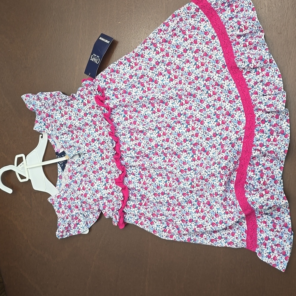 CHAPS Girls Dress 2T 24 Months Pink and Blue Floral‎ Design Tights Leggings New!